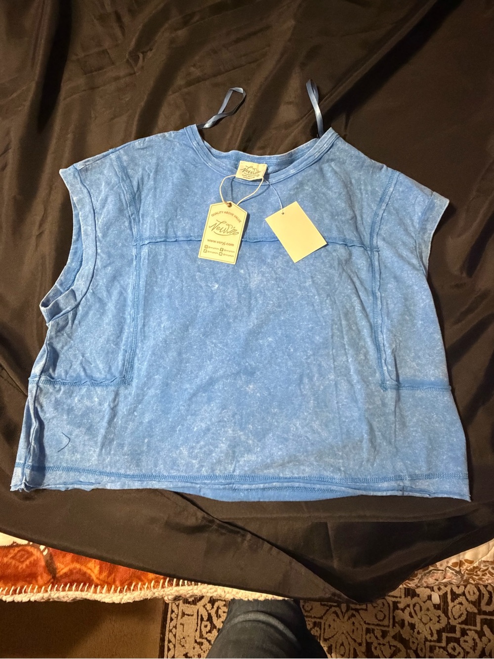 New Very J Blue Acid Wash Mineral Wash Cap Sleeve Raw Hem Crop Top M
